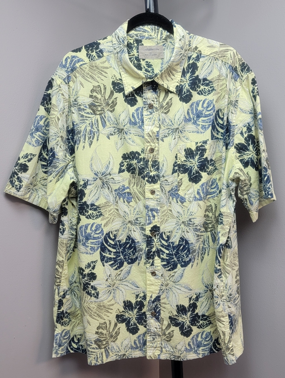 Croft&Barrow Yellow Navyblue Mens Short Sleeve Floral Palm Button-Up Shirt Sz XL